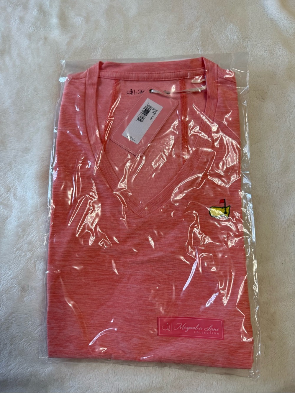 Magnolia Lane Collection Coral Pink V-Neck Tee with Masters Logo